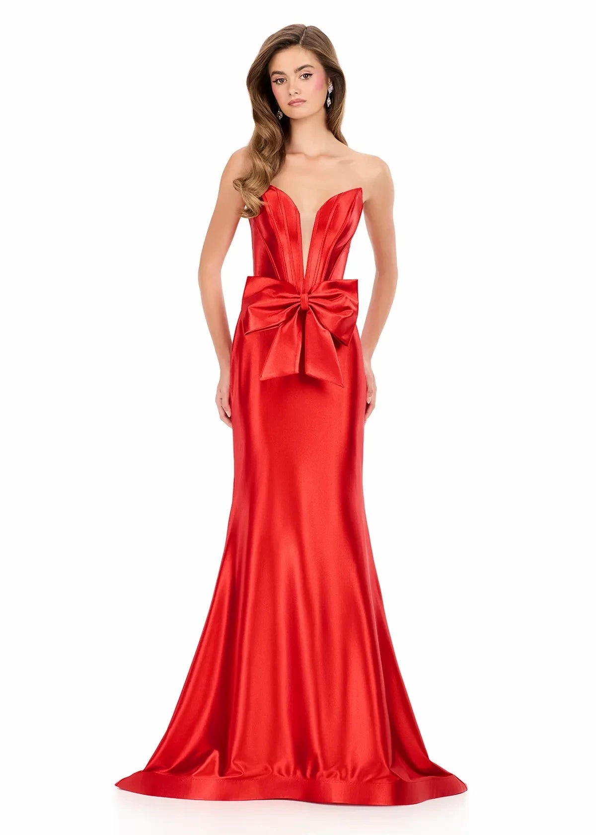 Glamorous Satin Mermaid Plunge Sweetheart Sleeveless Strapless Ruched Back Floor-Length Evening Dresses with Bow Detail