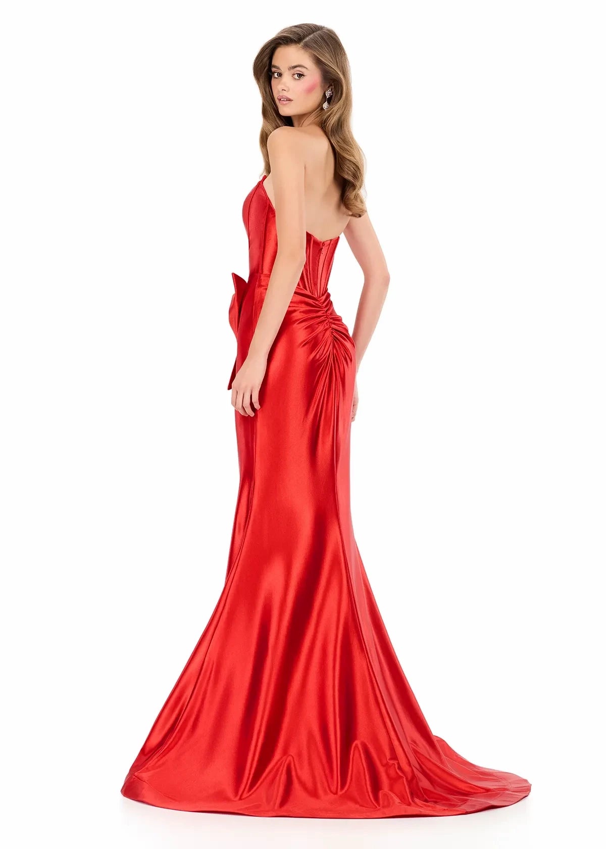 Glamorous Satin Mermaid Plunge Sweetheart Sleeveless Strapless Ruched Back Floor-Length Evening Dresses with Bow Detail