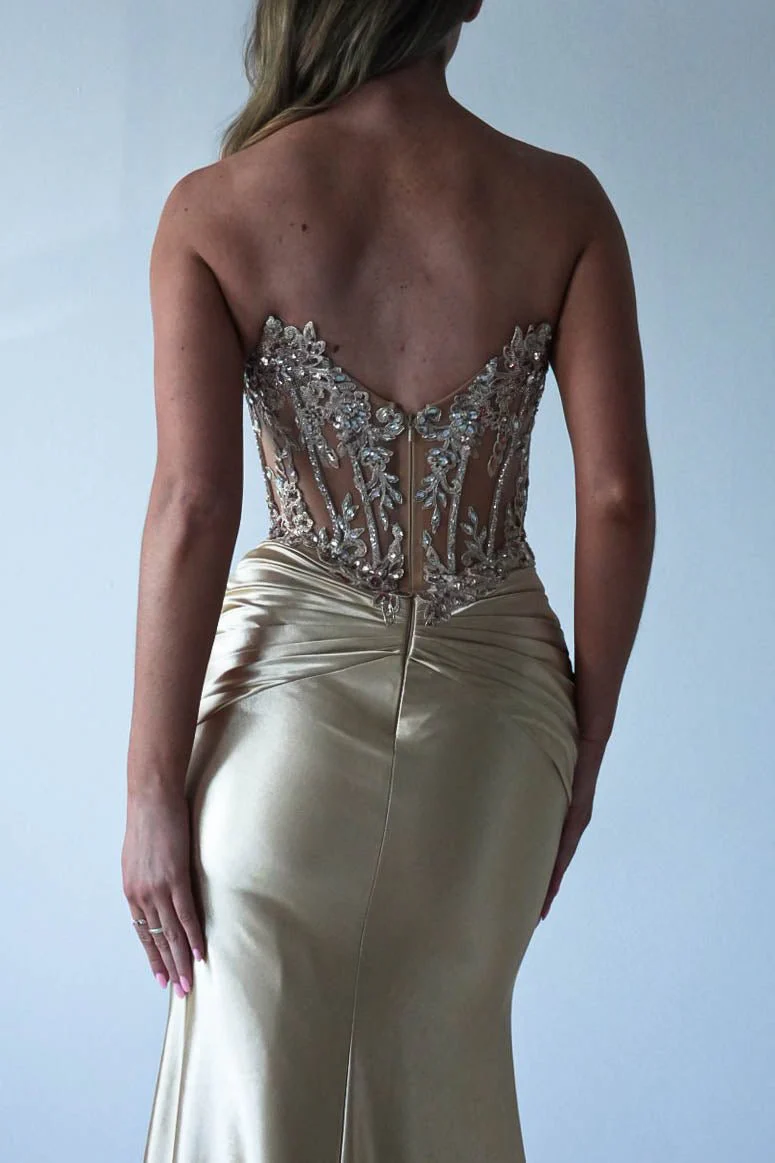 Glamorous Satin Mermaid Strapless Lace-Corset Train Prom Dresses