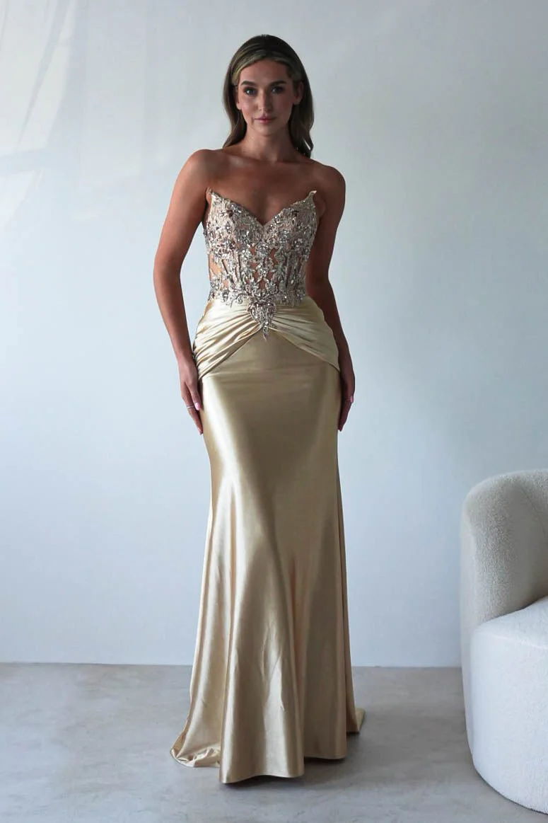 Glamorous Satin Mermaid Strapless Lace-Corset Train Prom Dresses