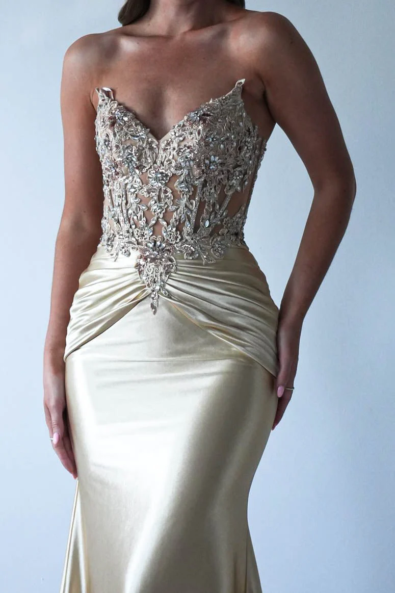 Glamorous Satin Mermaid Strapless Lace-Corset Train Prom Dresses