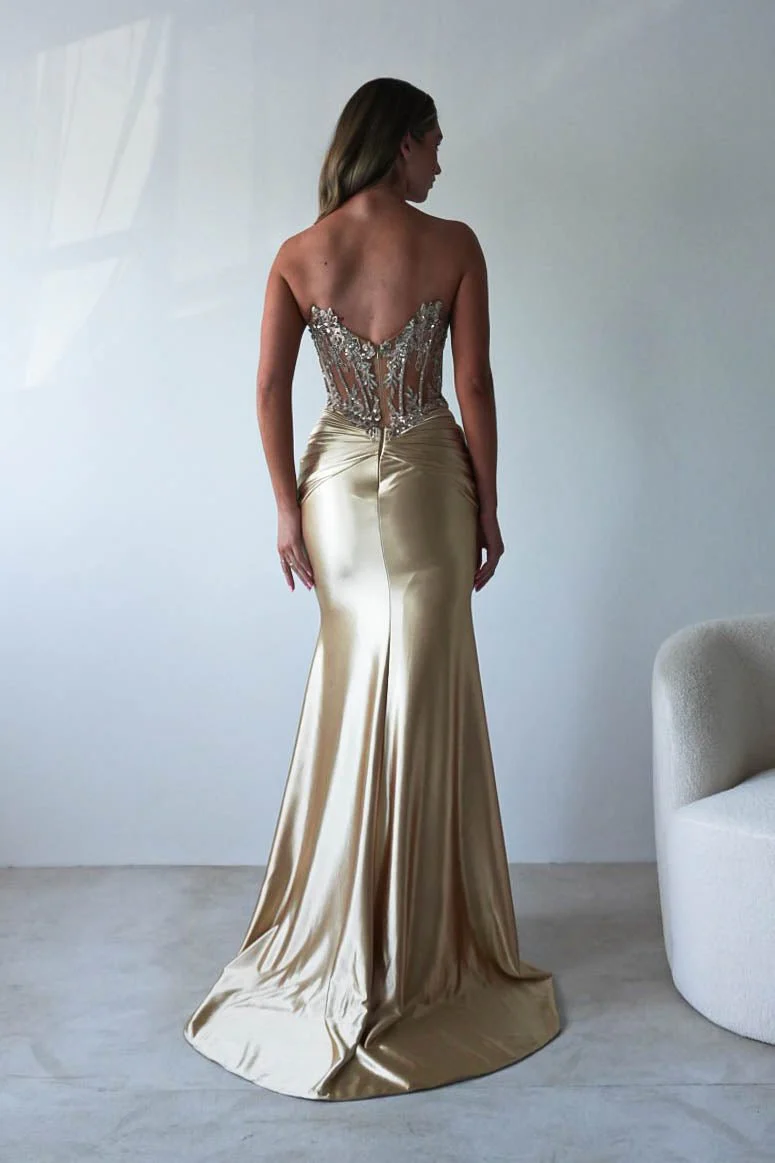 Glamorous Satin Mermaid Strapless Lace-Corset Train Prom Dresses