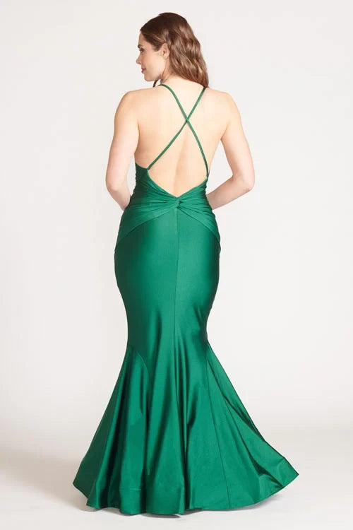 Glamorous Satin Mermaid V-Neck Sleeveless Criss-Cross Open Back Floor-Length Bridesmaid Dresses