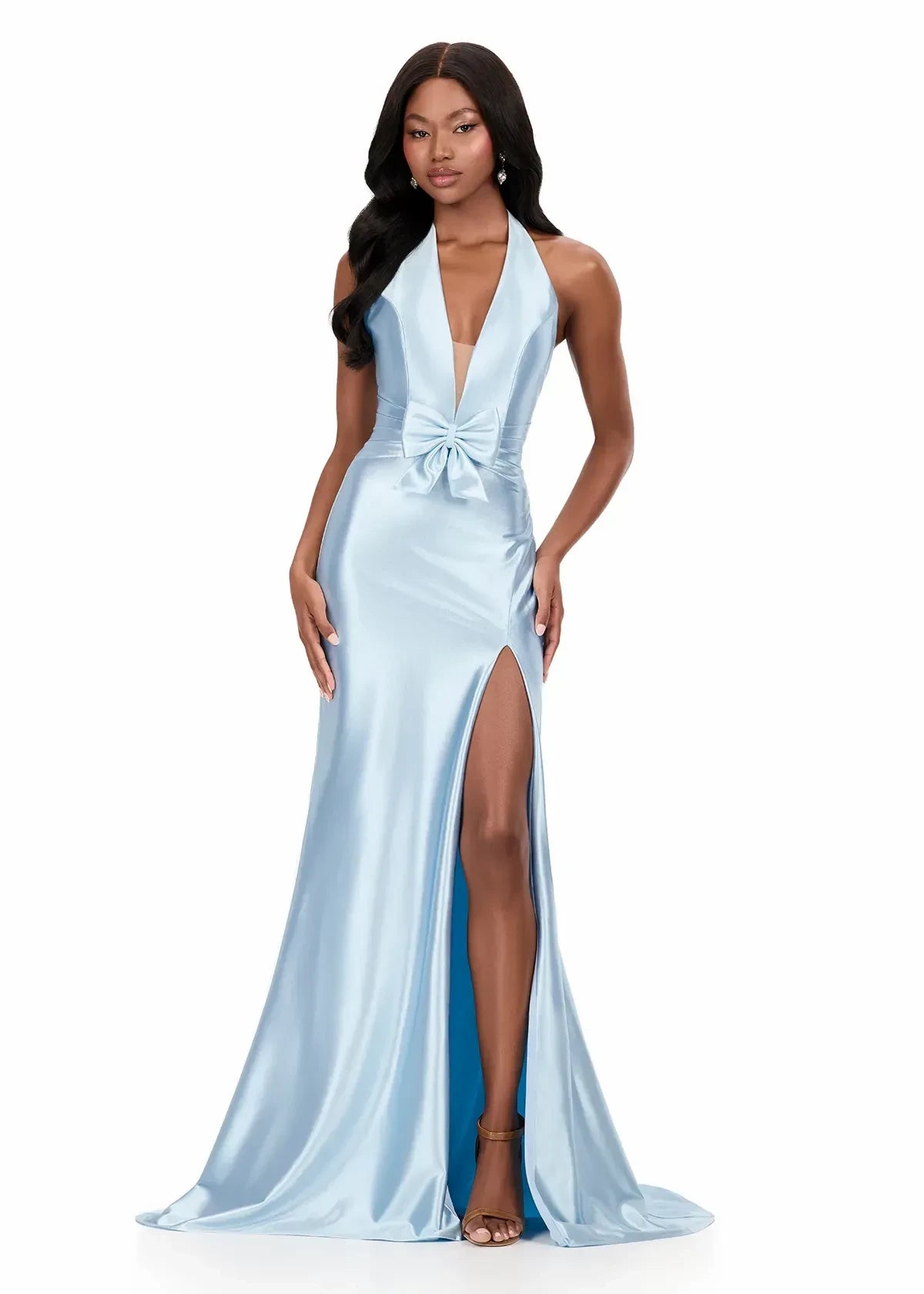 Glamorous Satin Sheath Halter Plunging V-Neck Sleeveless Open Back Floor-Length Evening Dresses