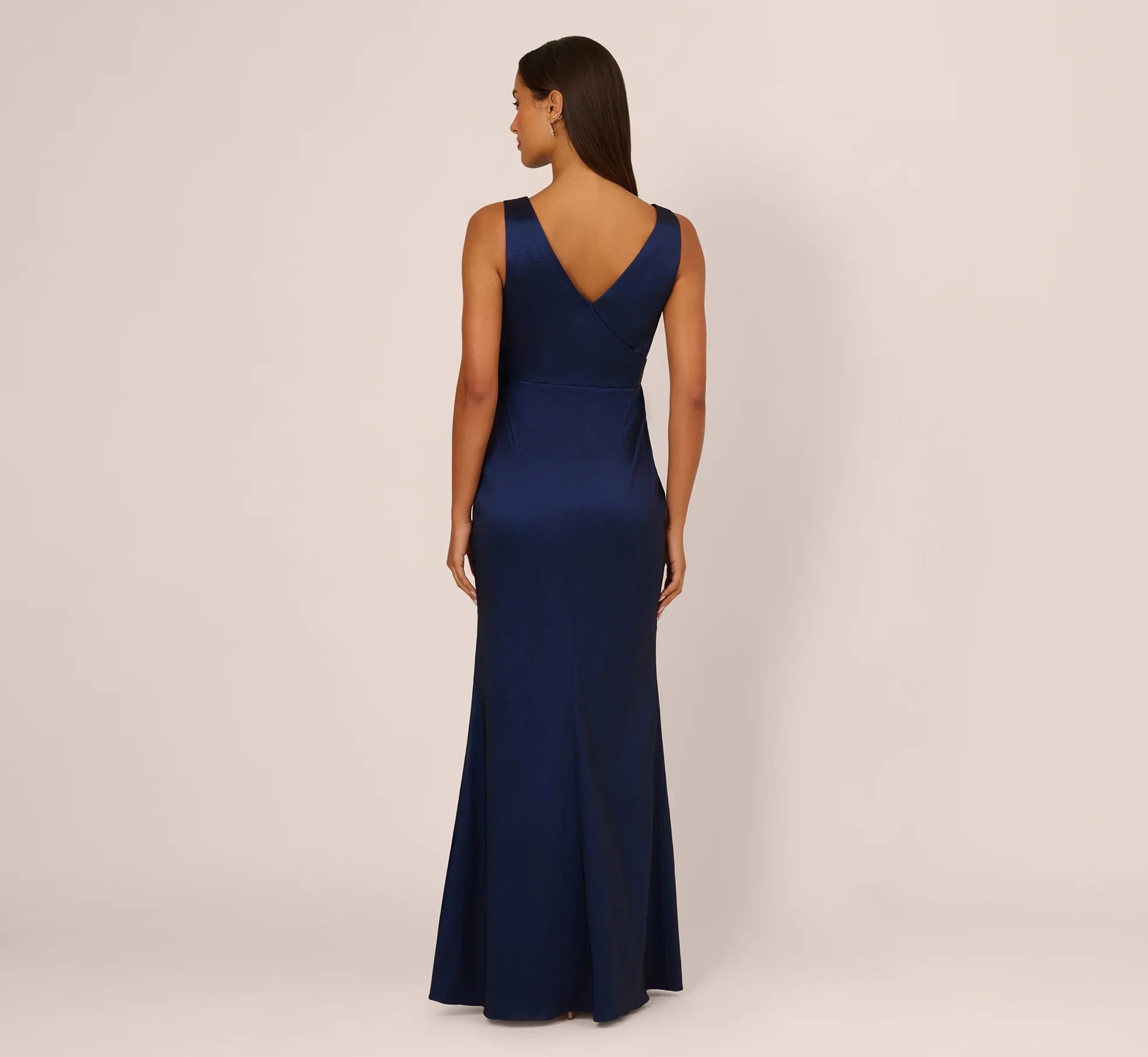 Glamorous Satin Sheath V-Neck Sleeveless V-Back Floor-Length Evening Dresses with Front Bow and Slit