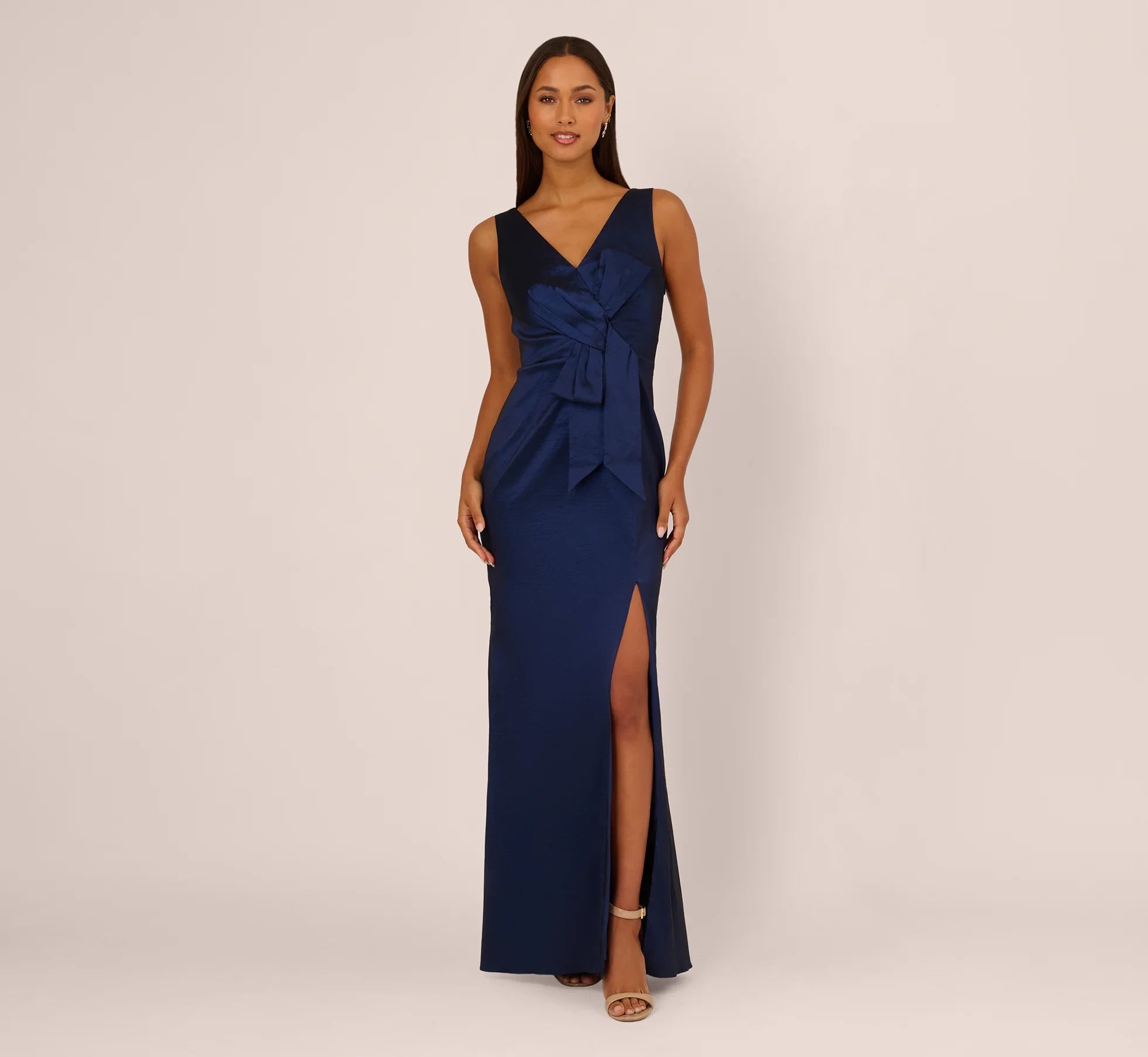 Glamorous Satin Sheath V-Neck Sleeveless V-Back Floor-Length Evening Dresses with Front Bow and Slit