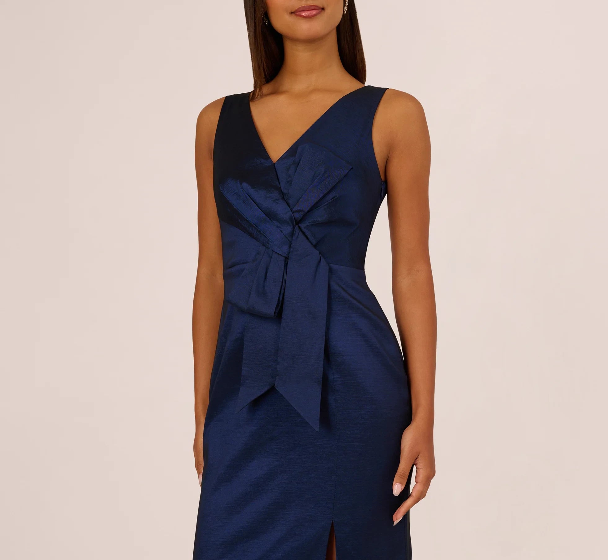 Glamorous Satin Sheath V-Neck Sleeveless V-Back Floor-Length Evening Dresses with Front Bow and Slit