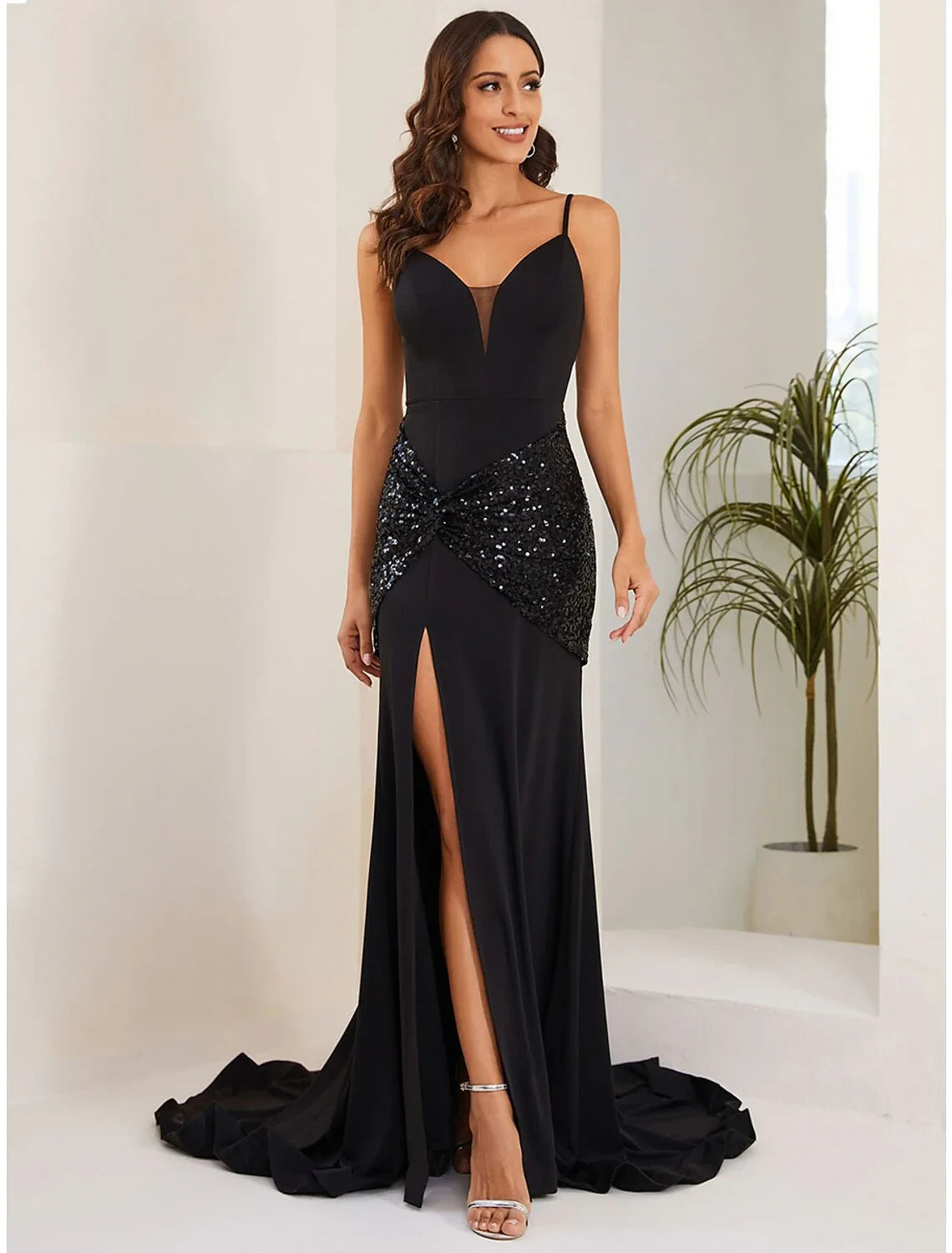 Glamorous Satin and Sequin Mermaid V-Neck Spaghetti Strap Criss-Cross Lace-Up Back Floor-Length Slit Evening Dresses