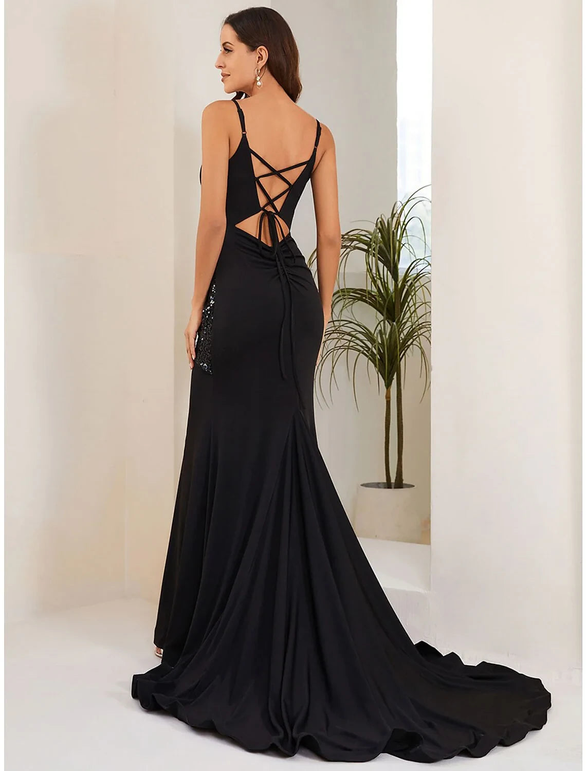 Glamorous Satin and Sequin Mermaid V-Neck Spaghetti Strap Criss-Cross Lace-Up Back Floor-Length Slit Evening Dresses