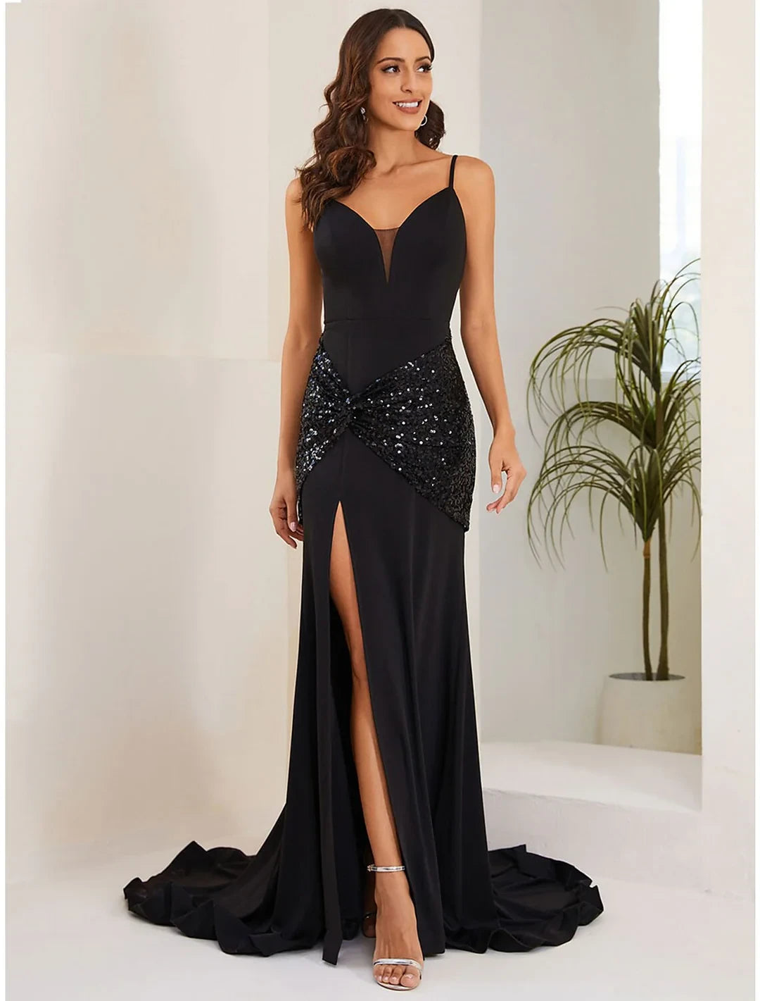 Glamorous Satin and Sequin Mermaid V-Neck Spaghetti Strap Criss-Cross Lace-Up Back Floor-Length Slit Evening Dresses