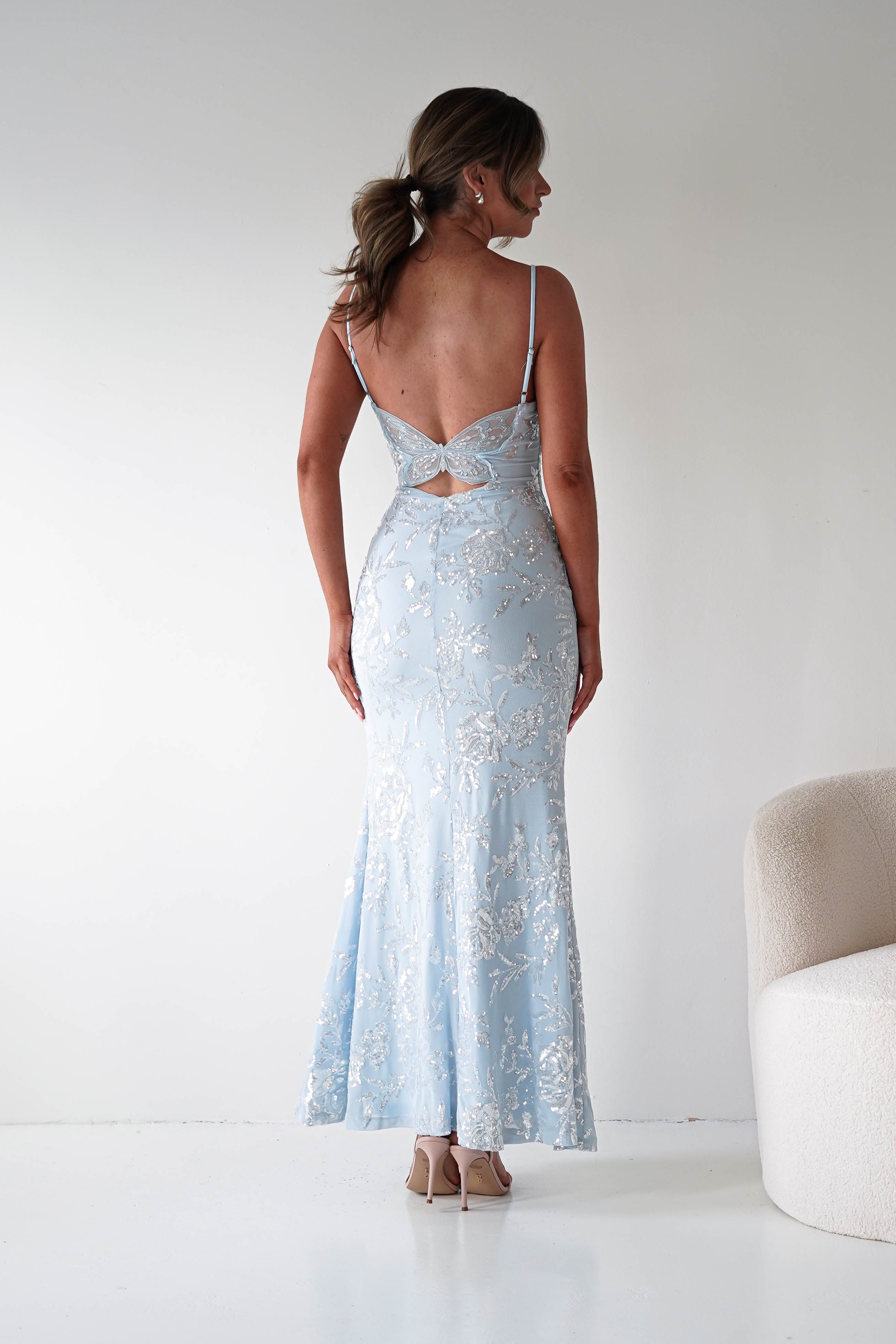 Glamorous Sequin Mermaid Spaghetti-Strap Butterfly-Back Prom Dresses