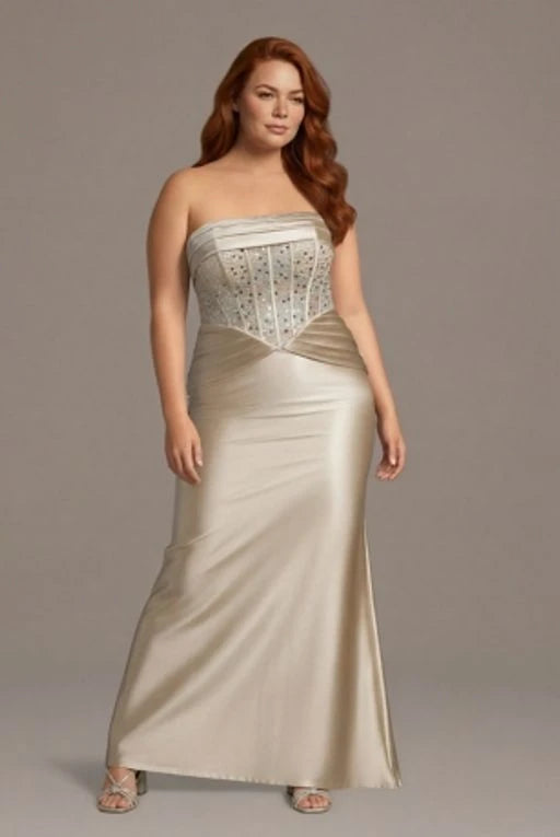 Glamorous Sequin Satin Sheath High Slit Strapless Sleeveless Zipper Back Floor-Length Prom Dresses