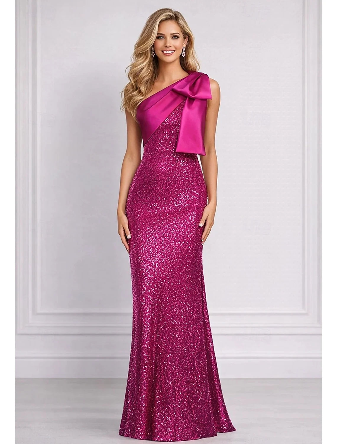 Glamorous Sequin Satin Sheath One-Shoulder Sleeveless Zipper Back Floor-Length Prom Dresses