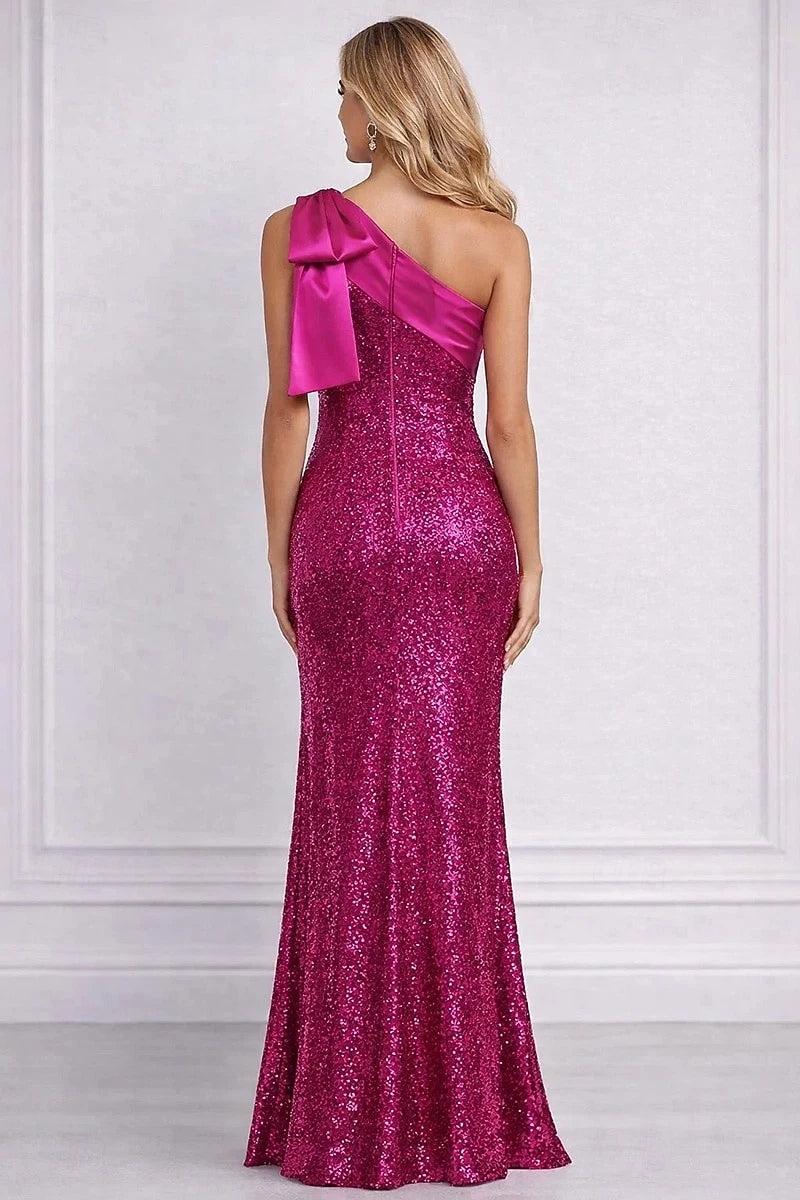 Glamorous Sequin Satin Sheath One-Shoulder Sleeveless Zipper Back Floor-Length Prom Dresses