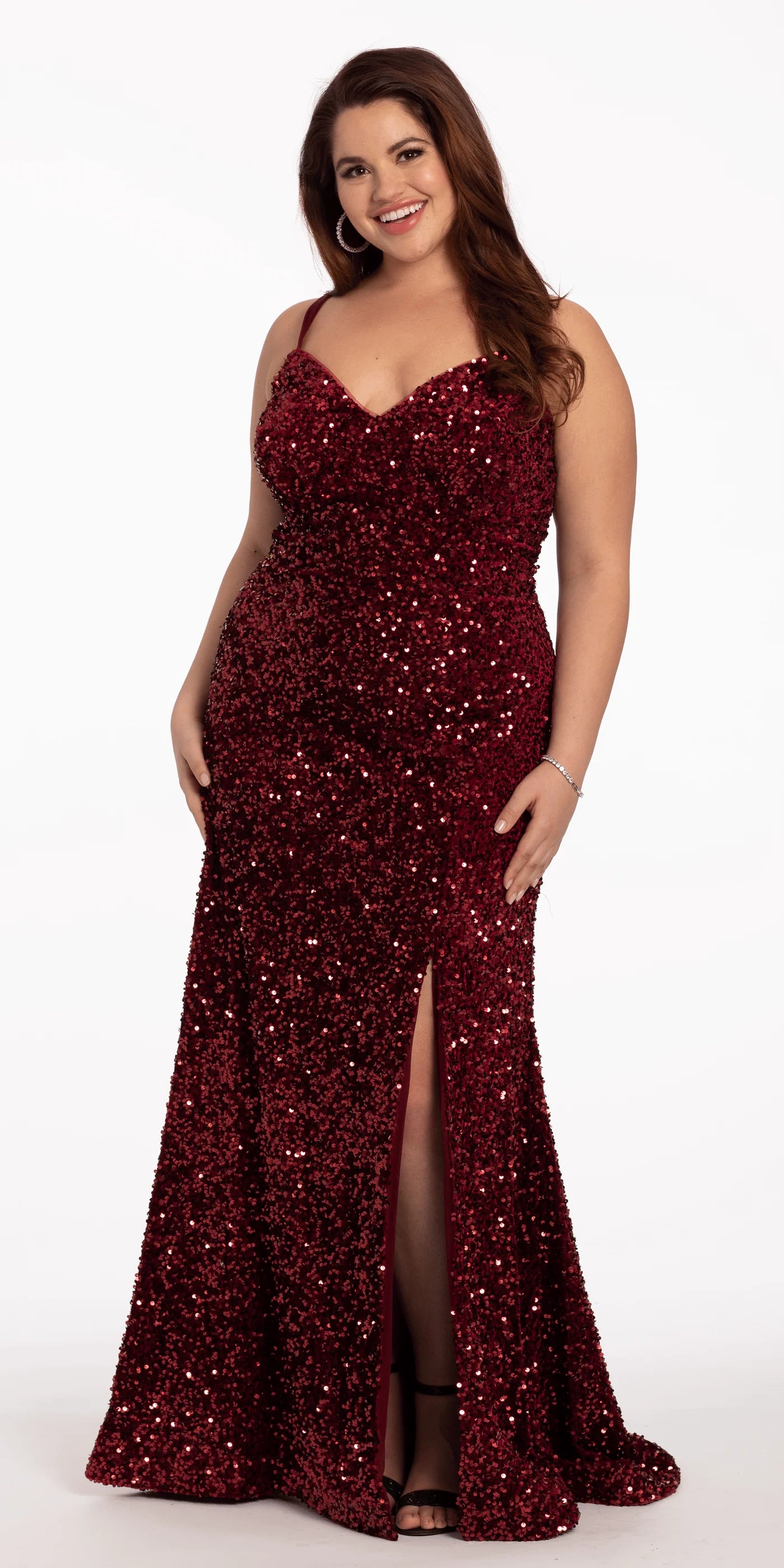 Glamorous Sequin Spaghetti Strap Mermaid Evening Dresses with Lace-Up Back and High Side Slit