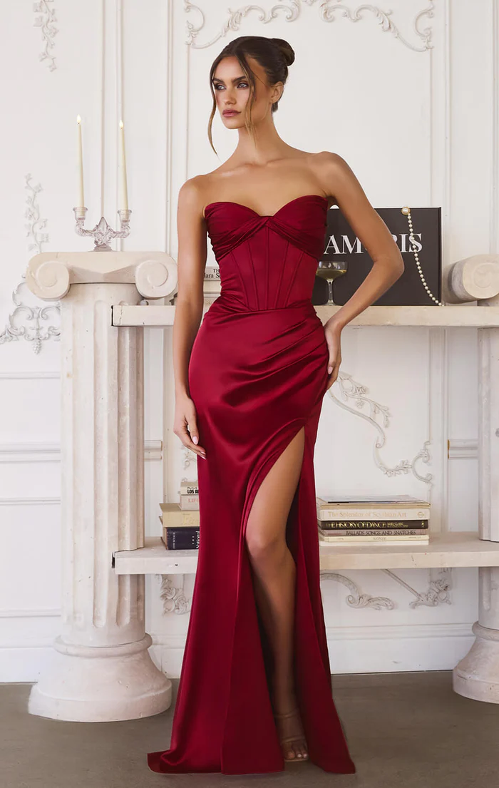 Glamorous Strapless Satin Corset Ruched Waist High Slit Lace-Up Back Mermaid Prom Dress