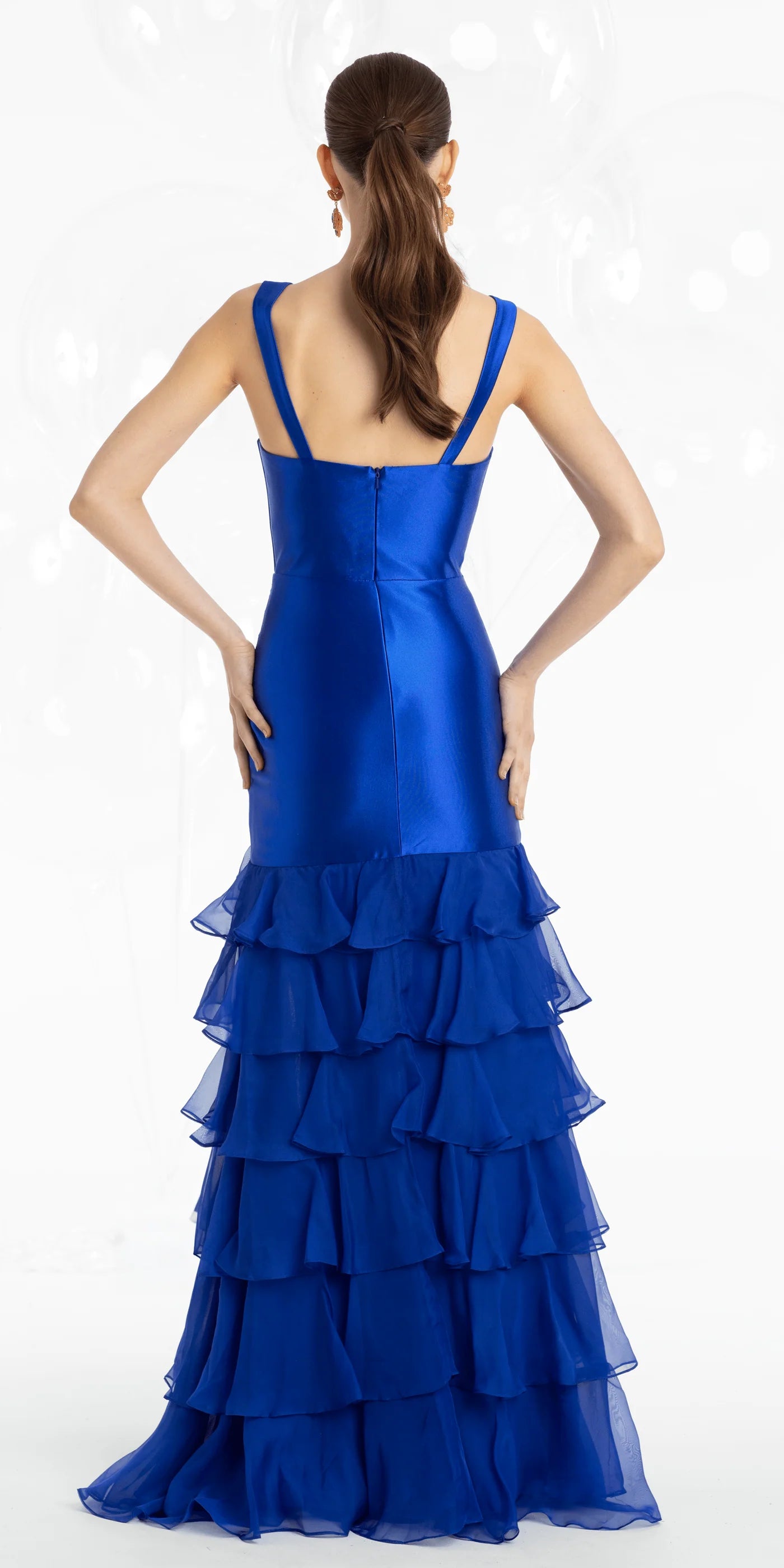 Glamorous satin organza spaghetti strap sweetheart neck floor length evening dress with corset bodice, ruffled tiered skirt and high slit