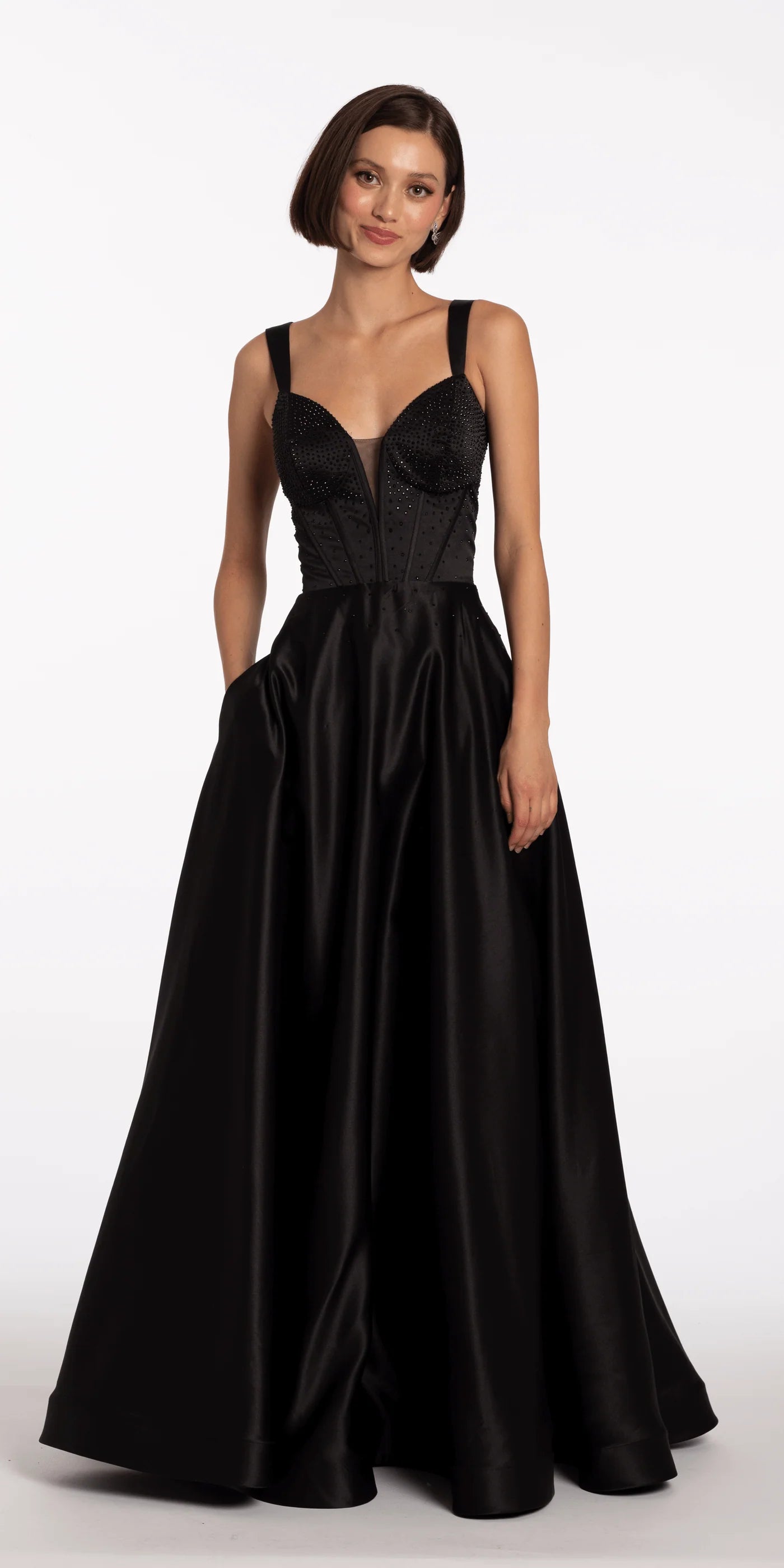 Glamorous beaded corset evening gown with satin ball gown skirt, lace-up back and pockets