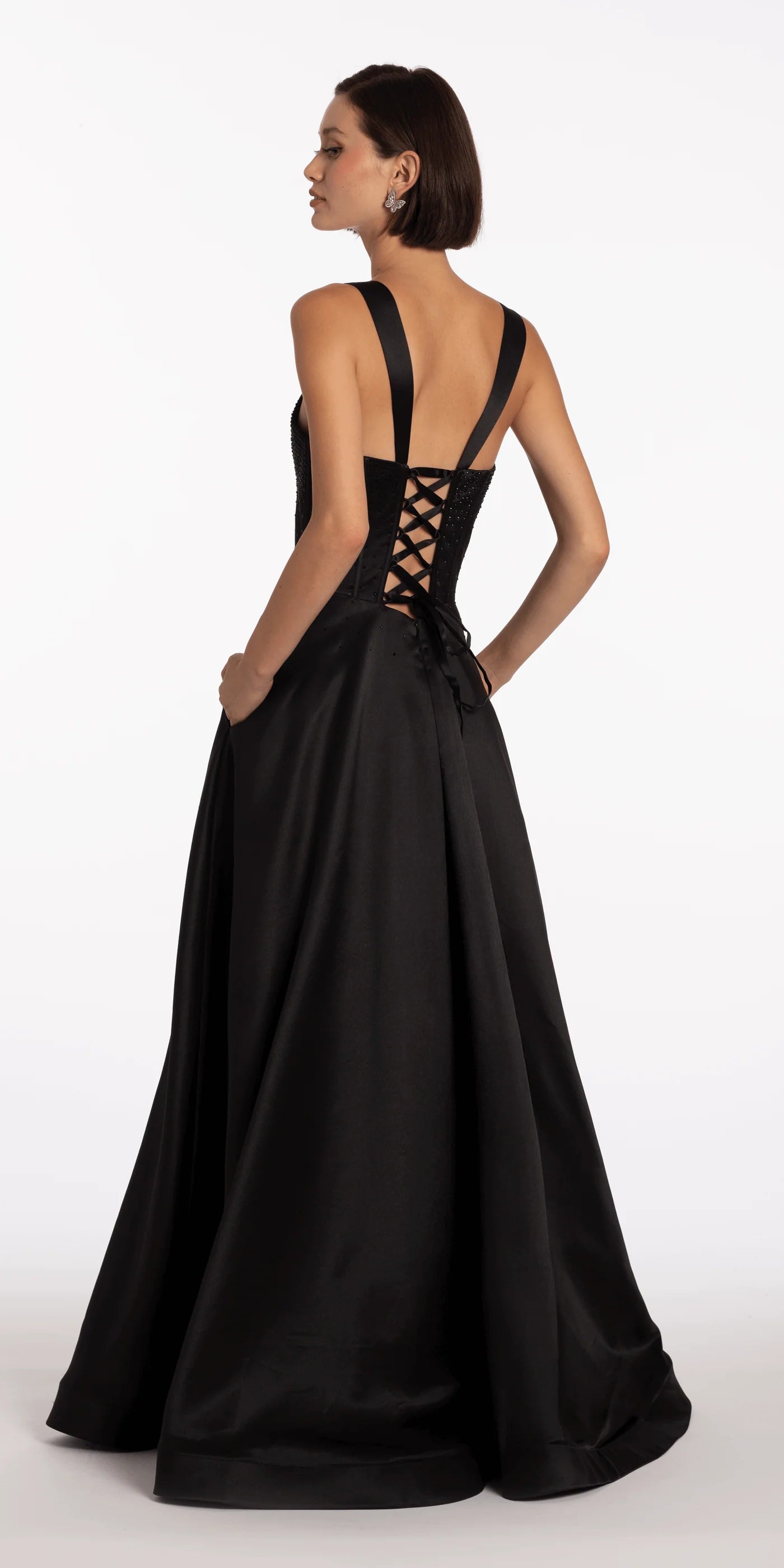 Glamorous beaded corset evening gown with satin ball gown skirt, lace-up back and pockets