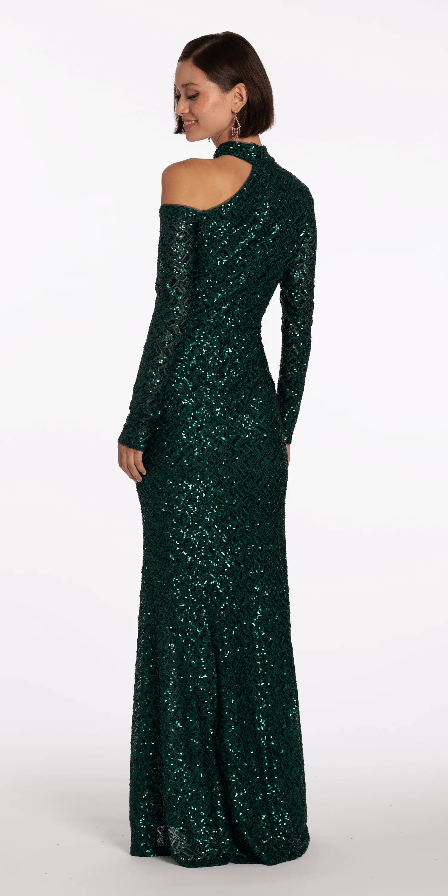 Glamorous emerald green sequin evening dress with high neck, cold shoulder, long sleeves, and mermaid skirt with slit