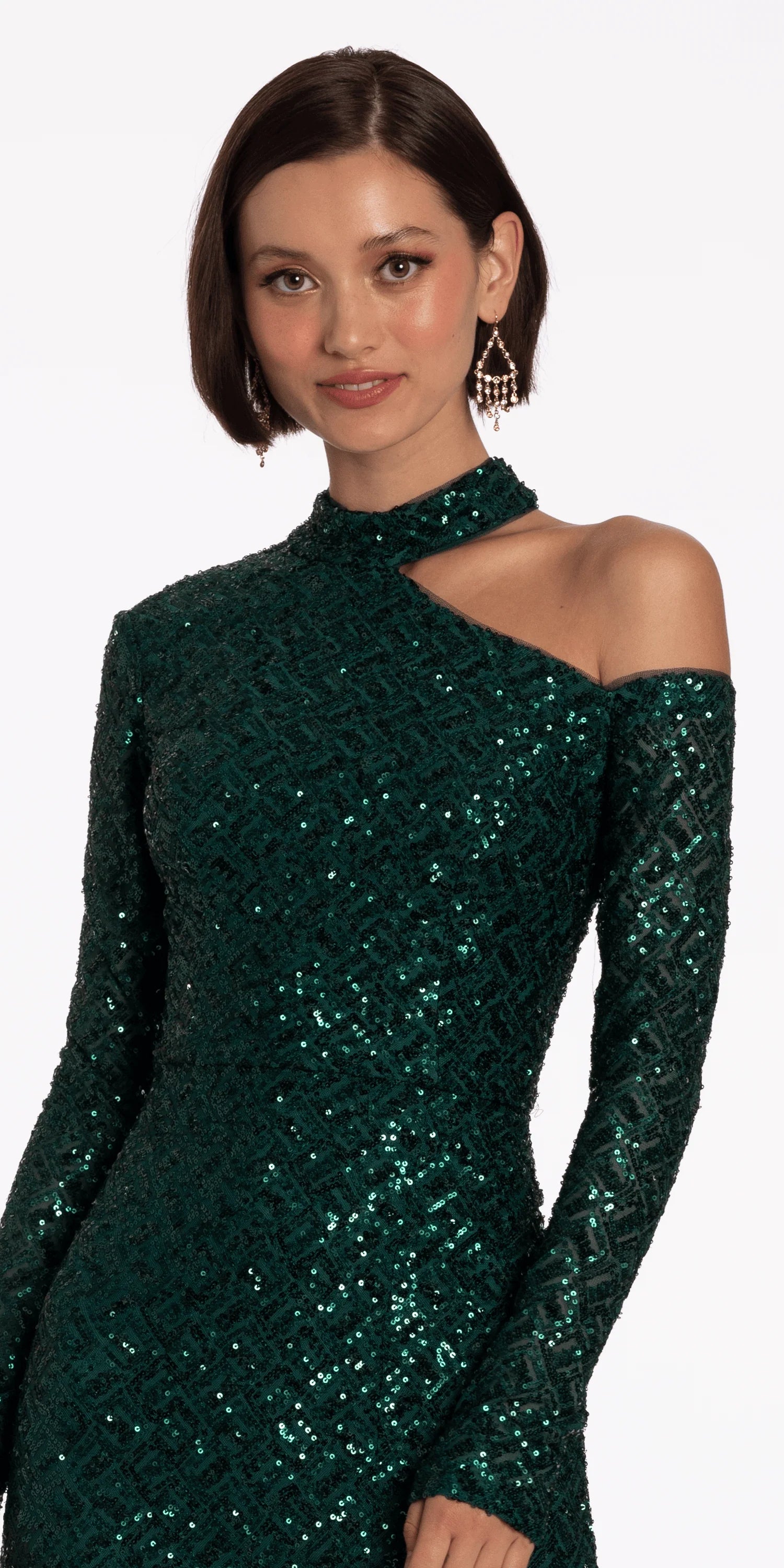 Glamorous emerald green sequin evening dress with high neck, cold shoulder, long sleeves, and mermaid skirt with slit