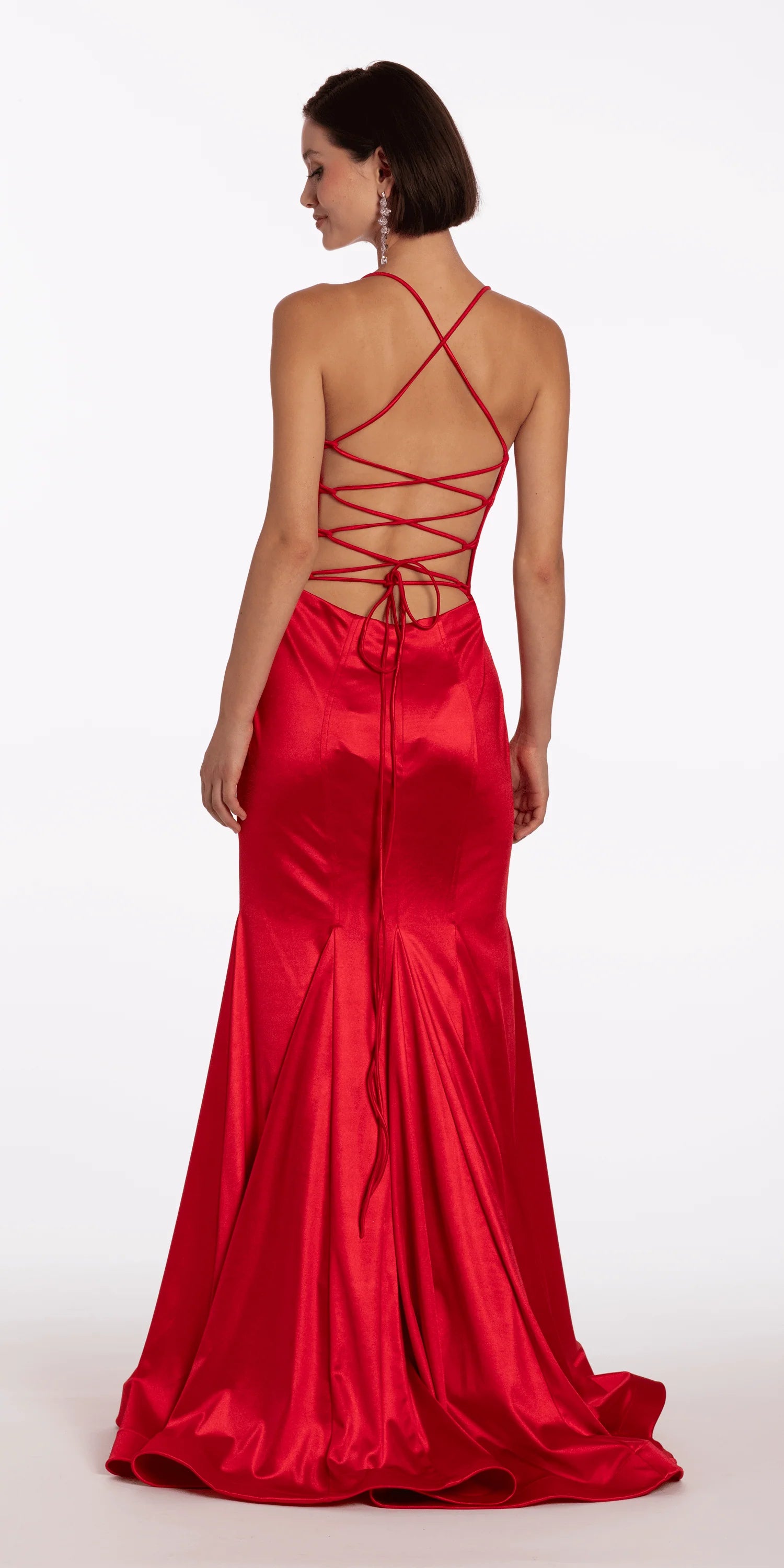 Glamorous red satin evening dress with spaghetti straps, deep V-neck, lace-up back, and mermaid skirt with train