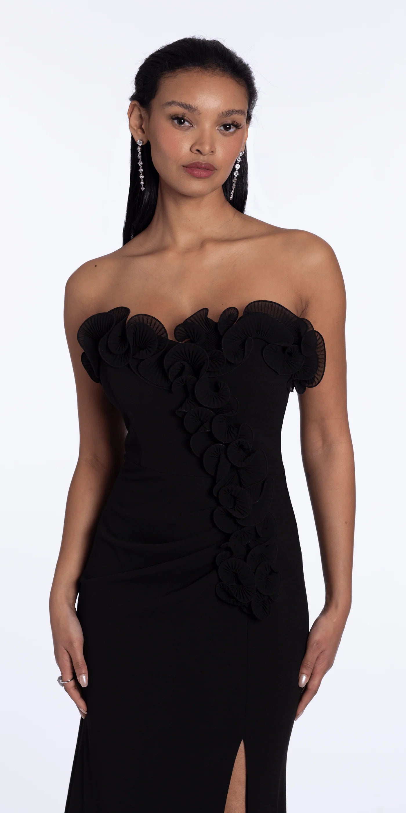 Glamorous strapless evening dress with 3D fan ruffle detail, ruched bodice and high slit