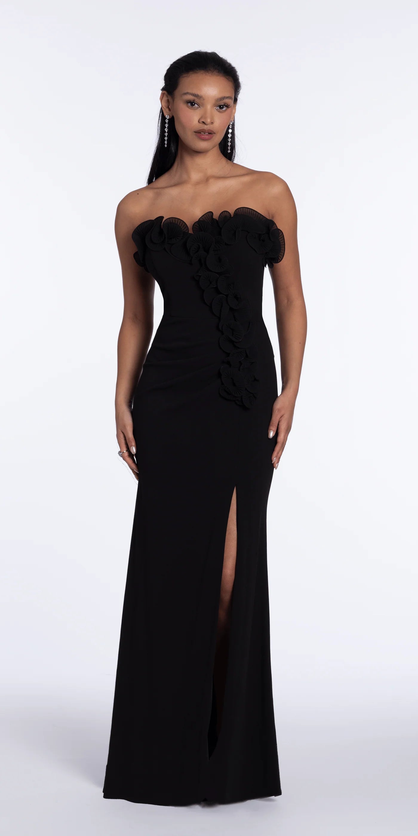 Glamorous strapless evening dress with 3D fan ruffle detail, ruched bodice and high slit