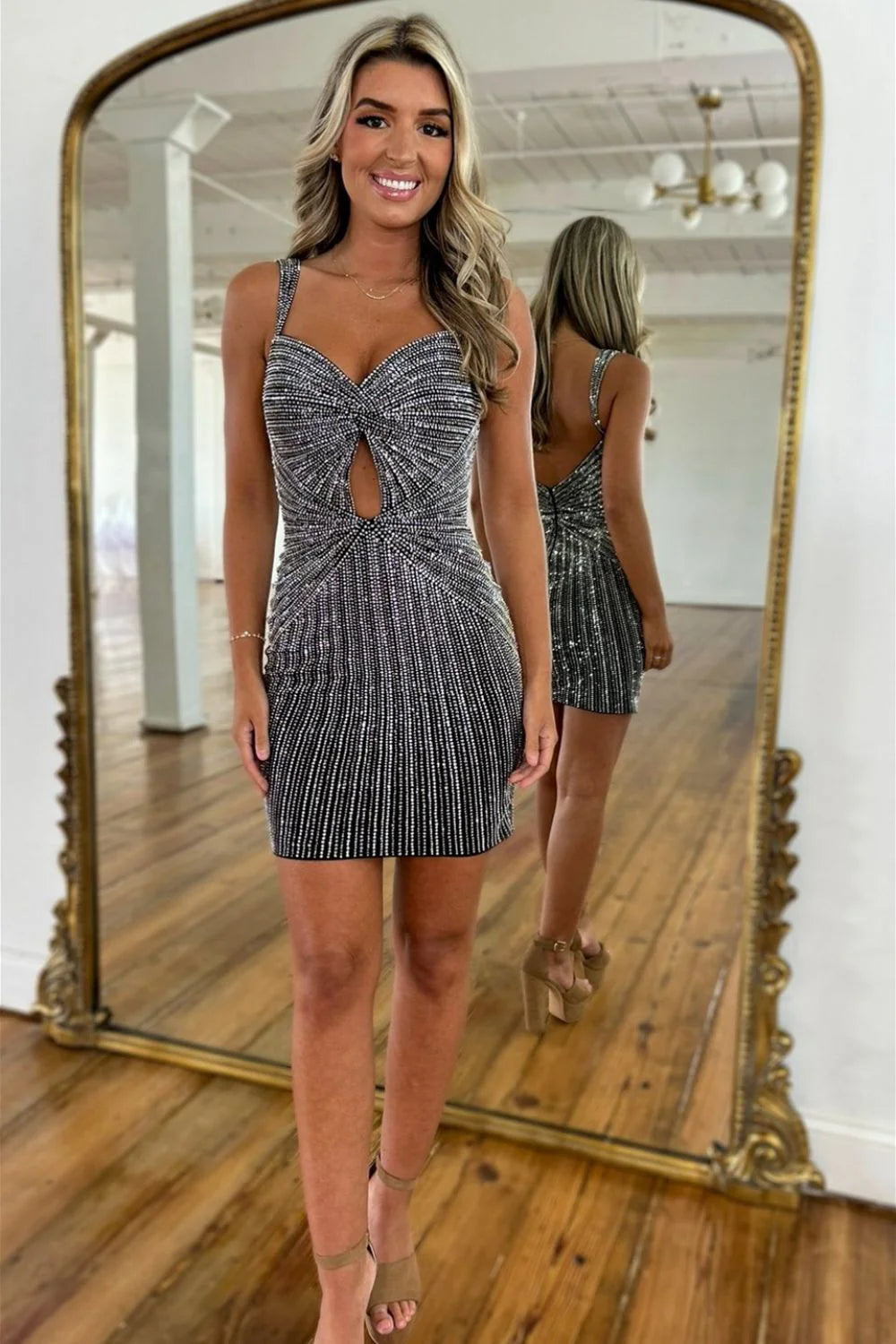 Glitter Black Bodycon Straps Short Tight Beaded Homecoming Dress