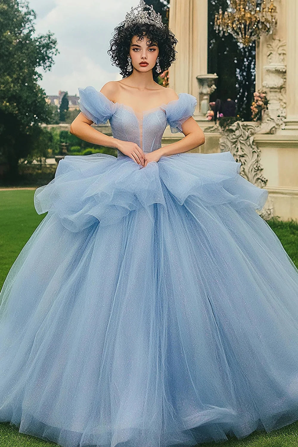 Glitter Dusty Blue Ball Gown Off the Shoulder Long Quinceanera Dress with Ruffles