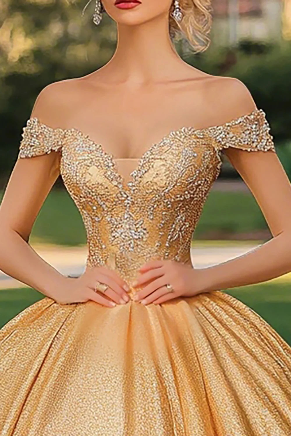 Glitter Gold Princess Ball Gown Off the Shoulder Long Quinceanera Dress