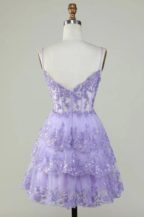 Glitter Lace Corset Ruffle Tiered Lavender Homecoming Dress