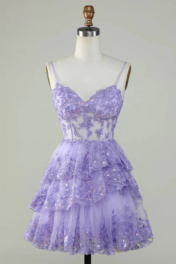 Glitter Lace Corset Ruffle Tiered Lavender Homecoming Dress