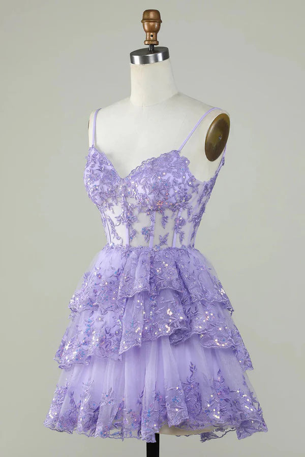 Glitter Lace Corset Ruffle Tiered Lavender Homecoming Dress