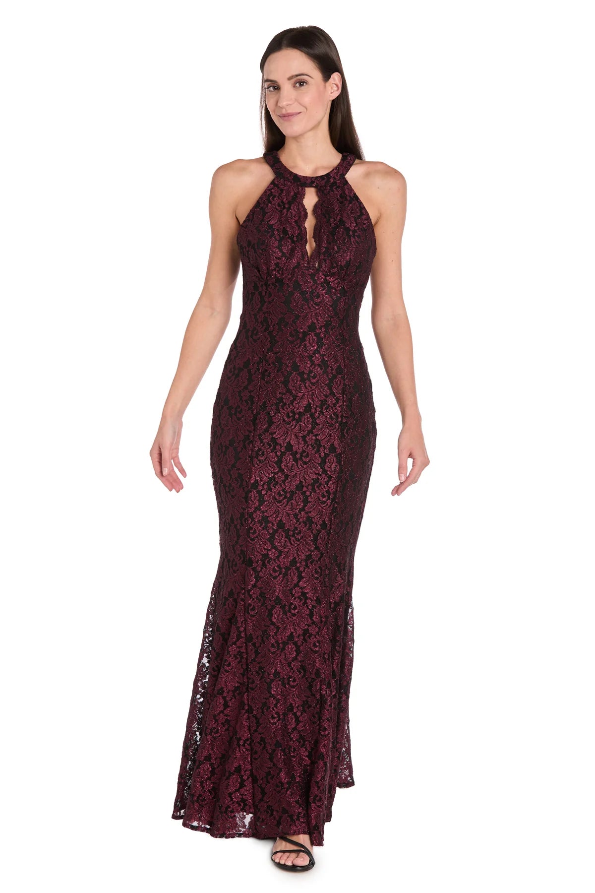 Glitter Lace Mermaid Halter Neck Sleeveless Keyhole-Back Floor Length Evening Dress