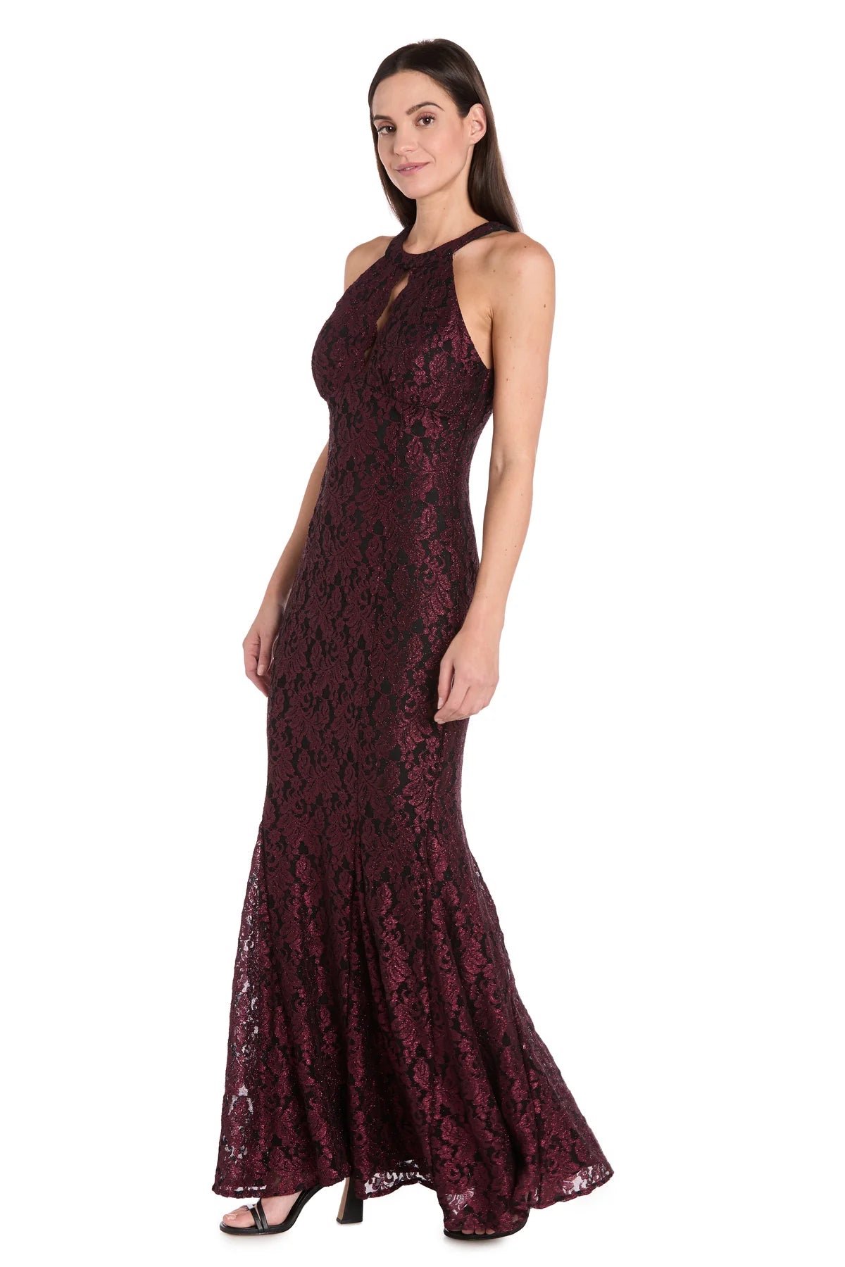 Glitter Lace Mermaid Halter Neck Sleeveless Keyhole-Back Floor Length Evening Dress