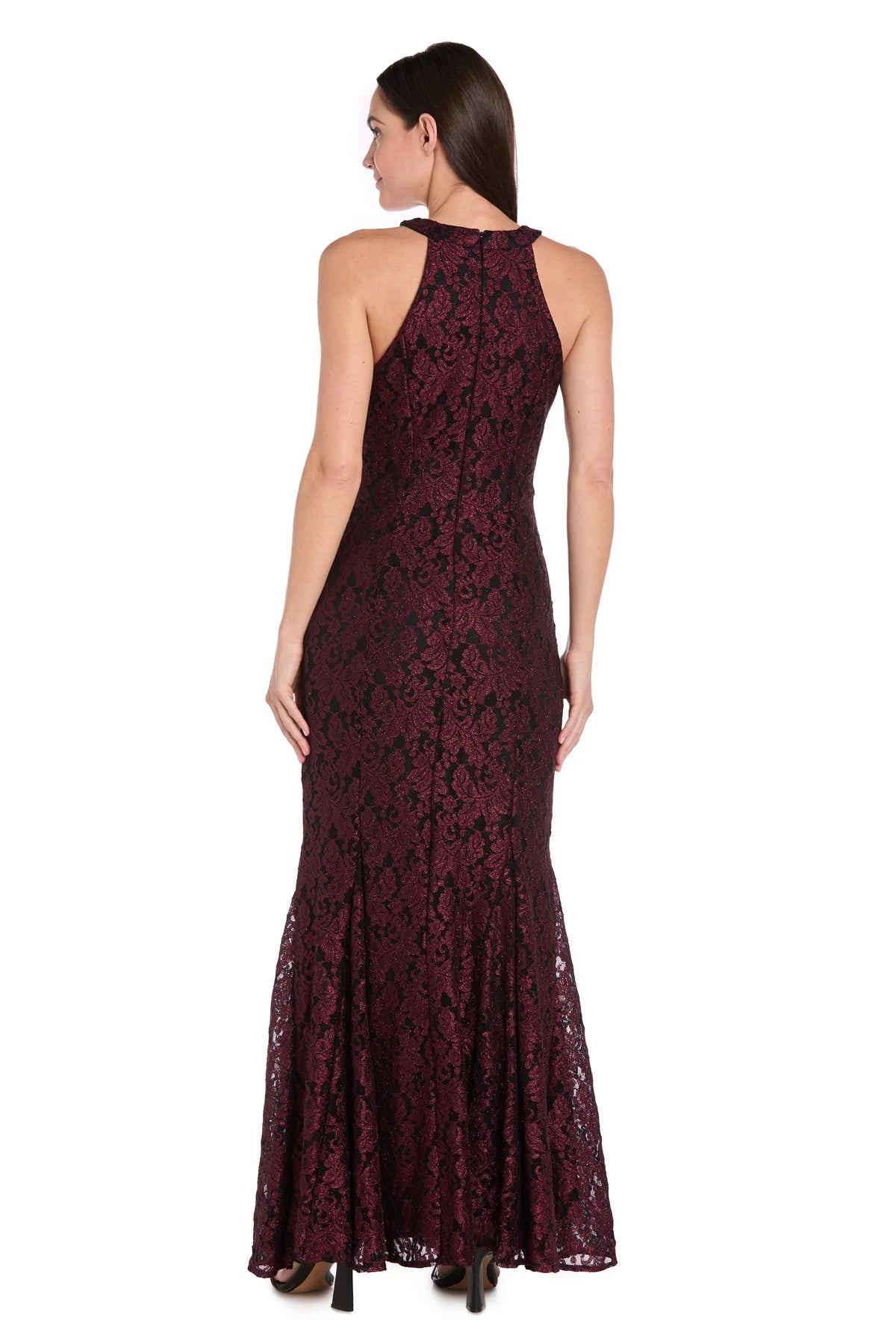Glitter Lace Mermaid Halter Neck Sleeveless Keyhole-Back Floor Length Evening Dress