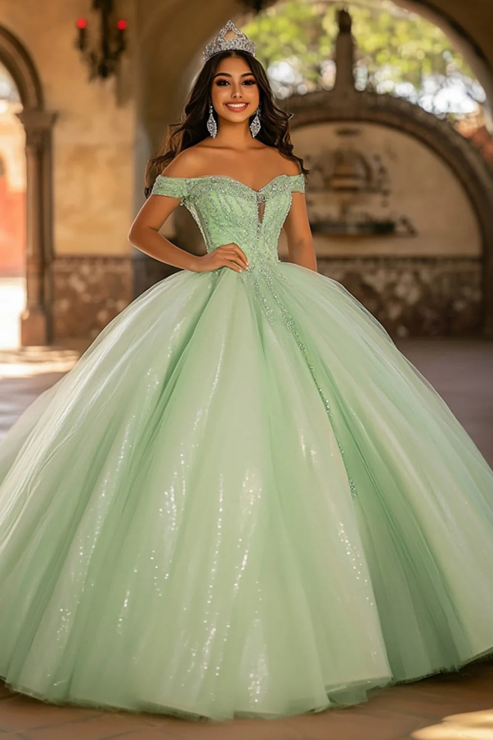 Glitter Light Green Ball Gown Tulle Long Quinceanera Dress with Appliques