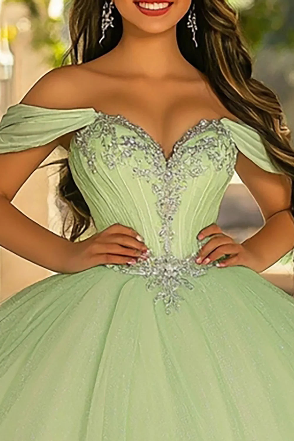 Glitter Light Green Tulle Ball Gown Long Quinceanera Dress with Appliques