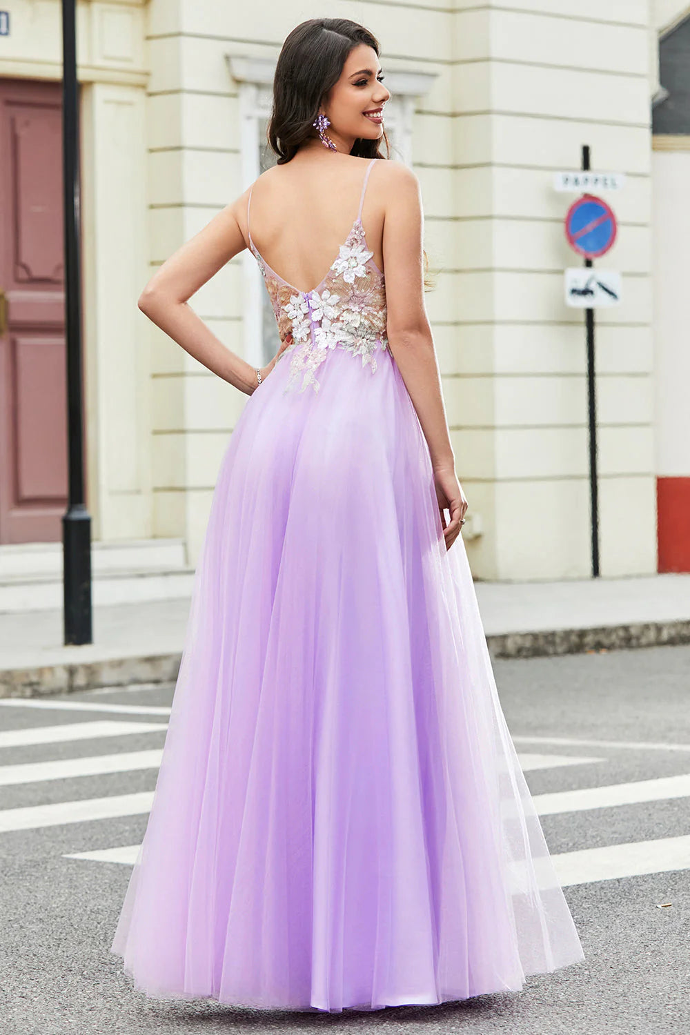 Glitter Lilac A-Line Spaghetti Straps Long Prom Dress with Flowers