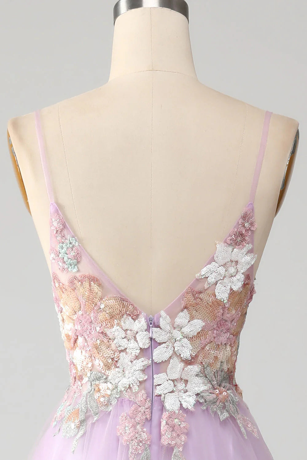 Glitter Lilac A-Line Spaghetti Straps Long Prom Dress with Flowers