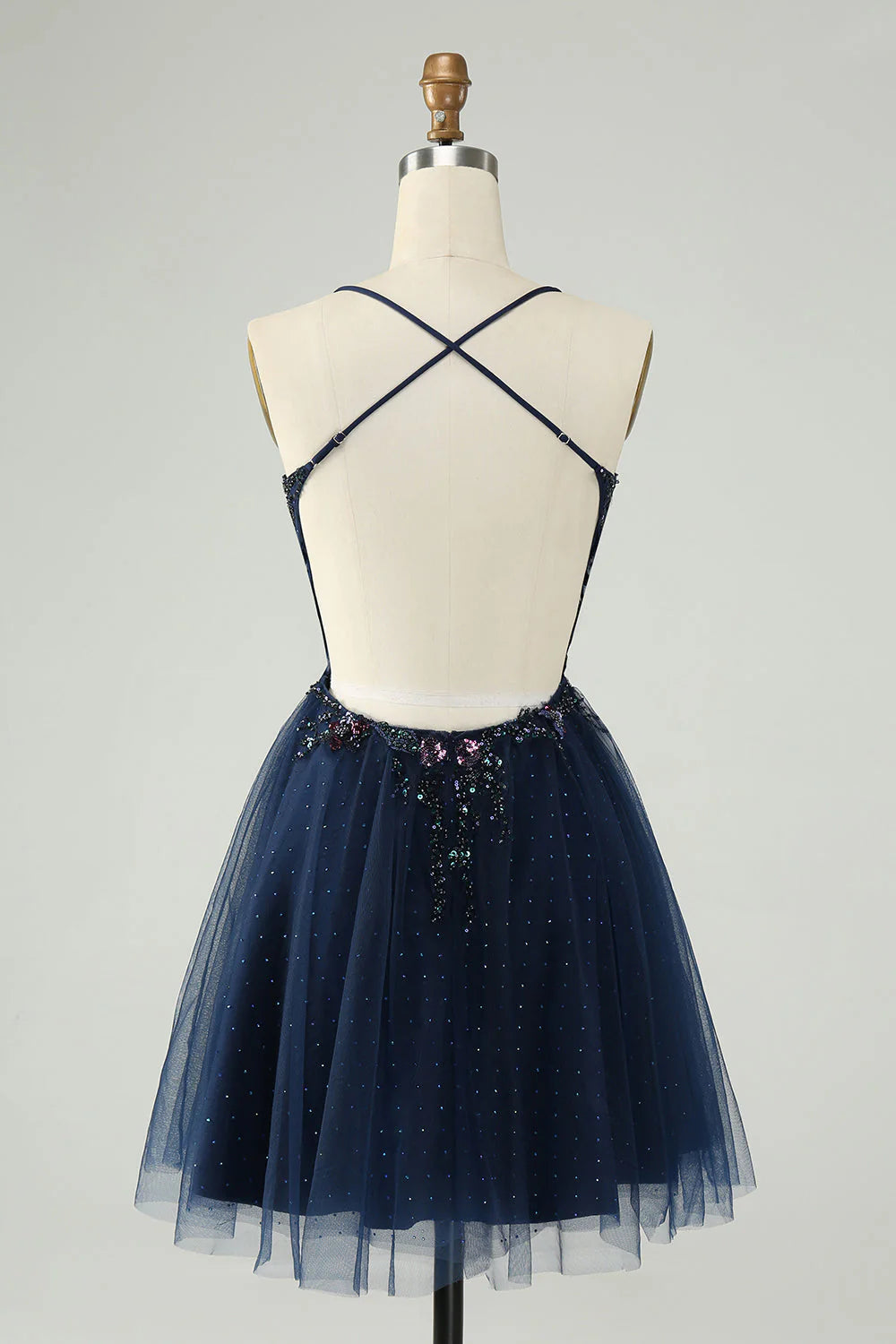 Glitter Navy A Line Spaghetti Straps Backless Tulle Homecoming Dress with Sequins