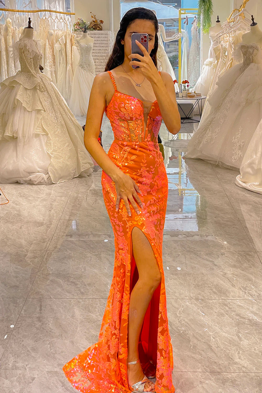 Glitter Orange Mermaid Corset Long Corset Prom Dress With Slit
