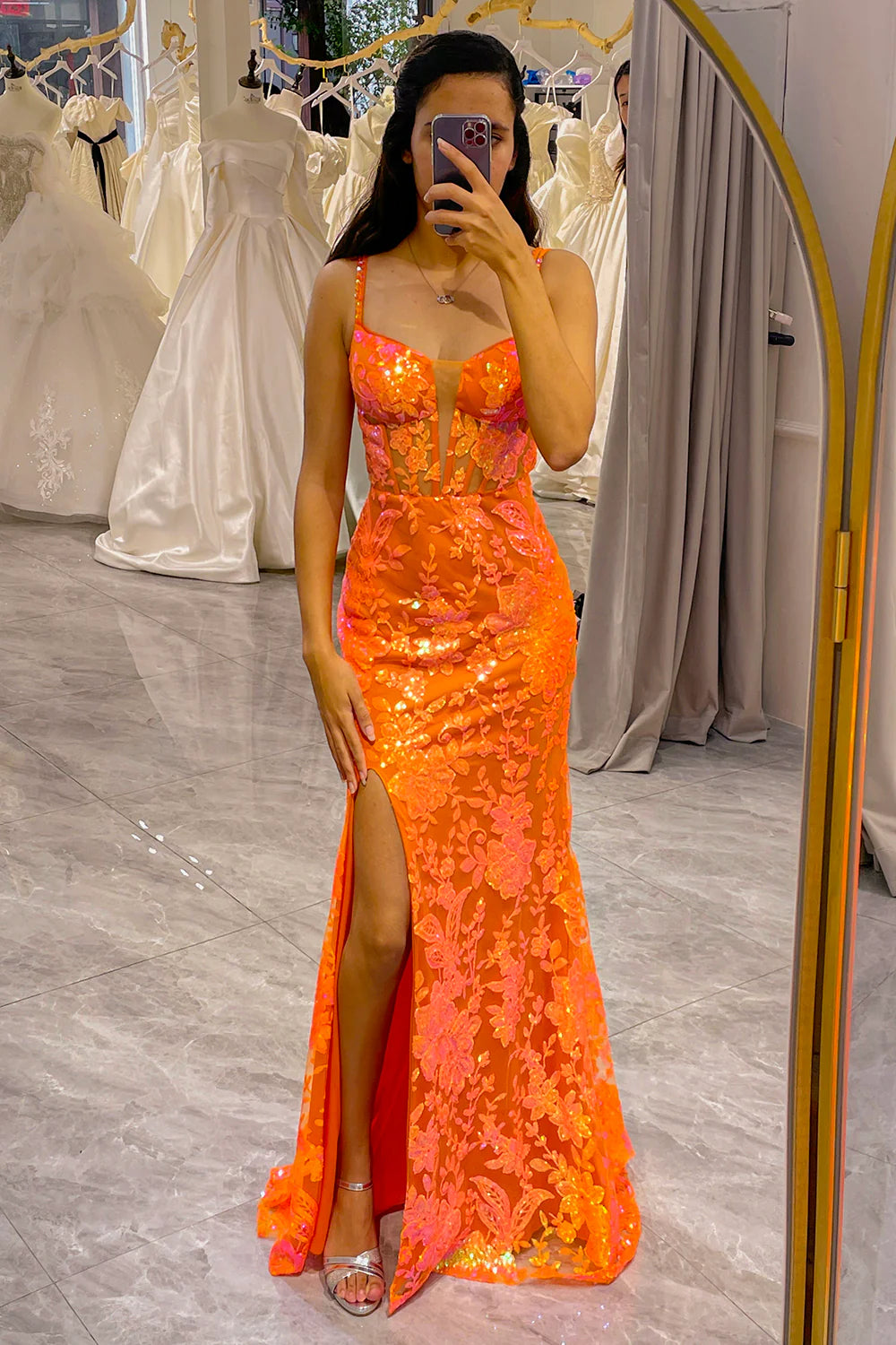 Glitter Orange Mermaid Corset Long Corset Prom Dress With Slit