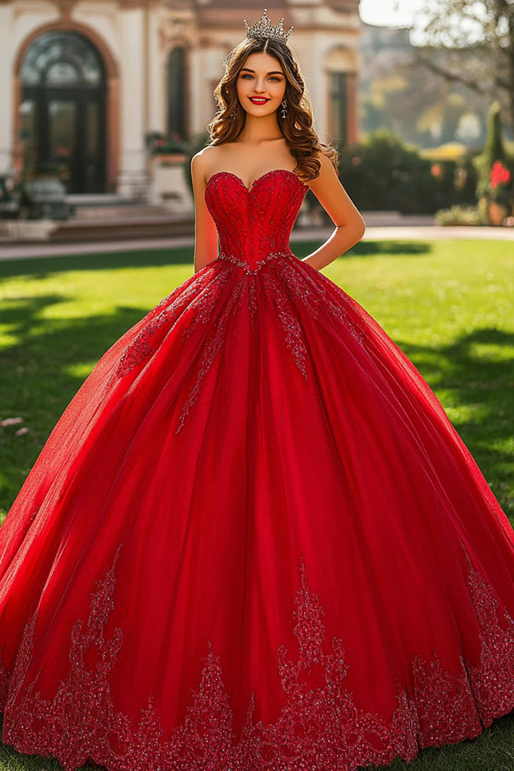 Glitter Red Ball Gown Princess Sweetheart Long Quinceanera Dress
