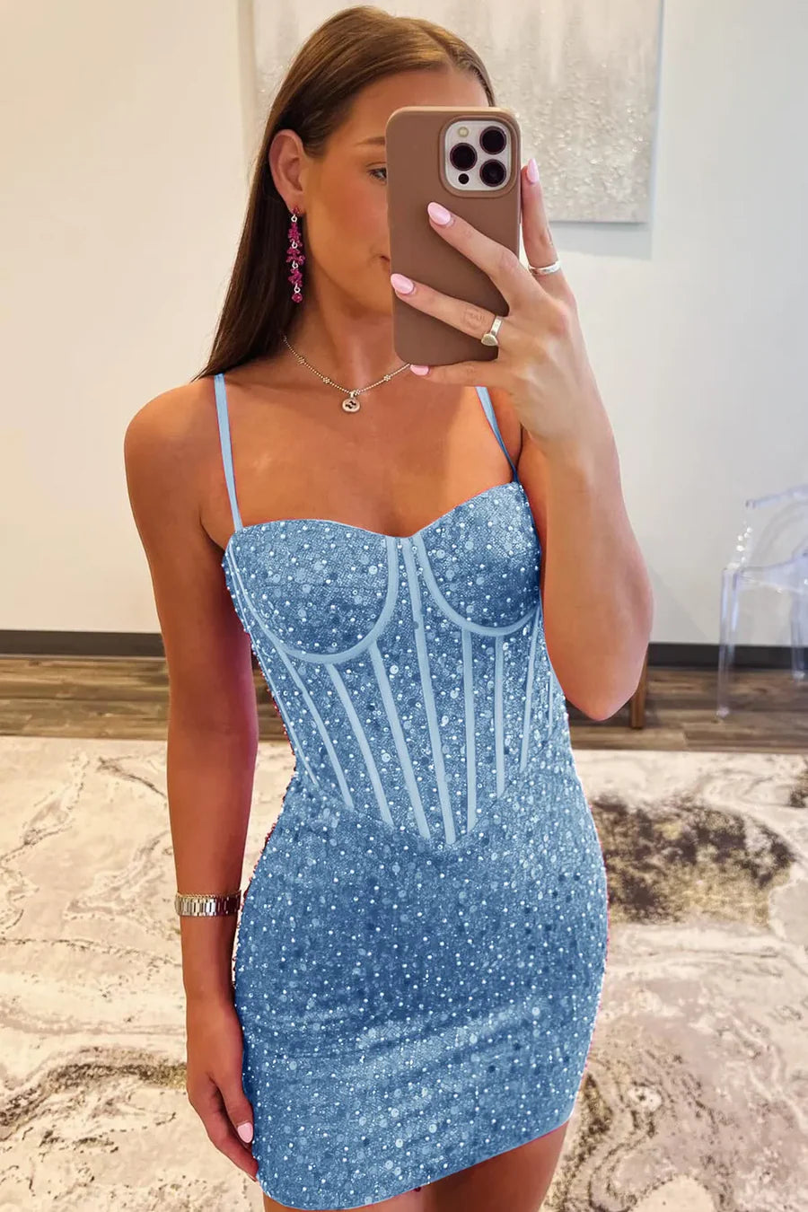 Glitter Spaghetti Straps Sweetheart Tight Homecoming Dress with Sequins
