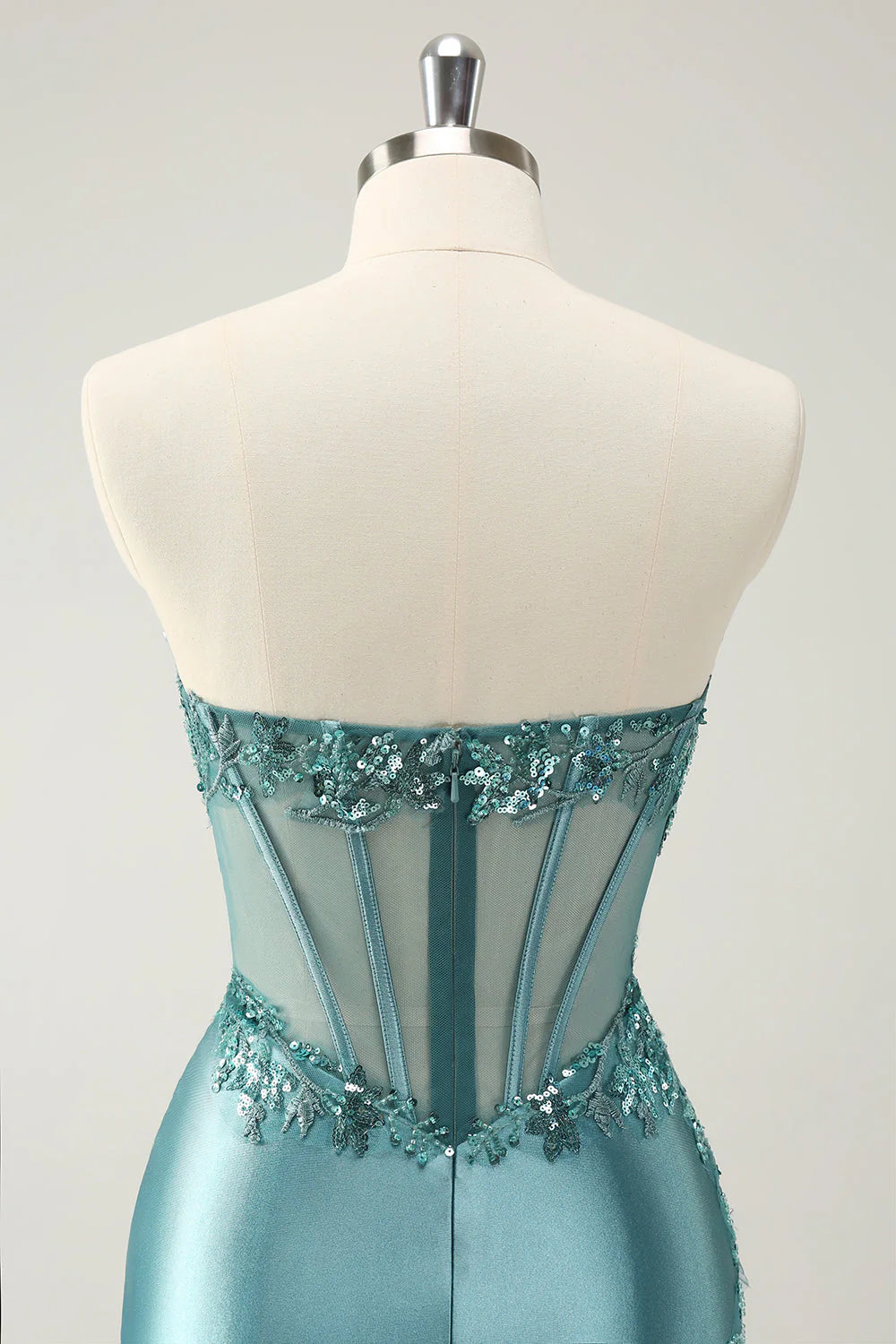 Glitter Tight Strapless Corset Short Peacock Blue Homecoming Dress with Appliques