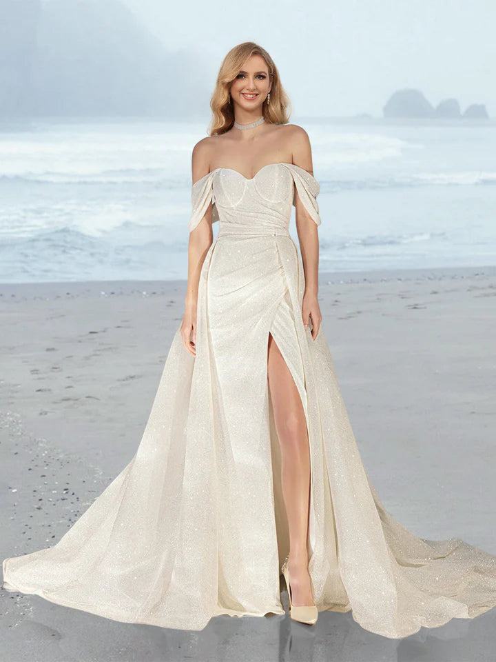 Glittering Off-Shoulder Sweetheart Neck Mermaid Wedding Dress with Detachable Overskirt & High Side Slit