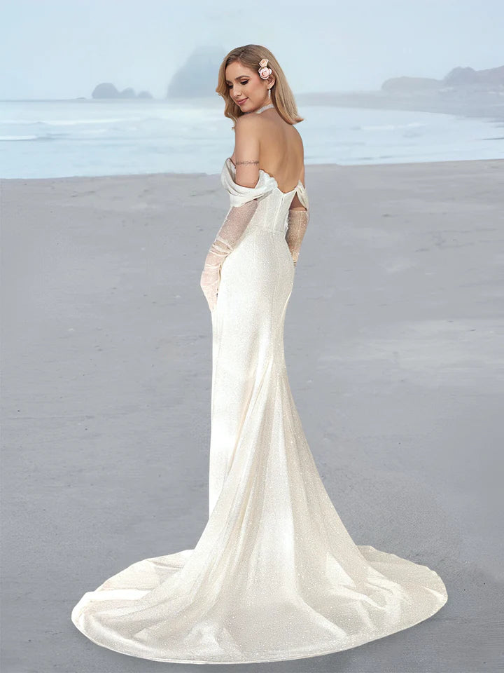 Glittering Off-Shoulder Sweetheart Neck Mermaid Wedding Dress with Detachable Overskirt & High Side Slit