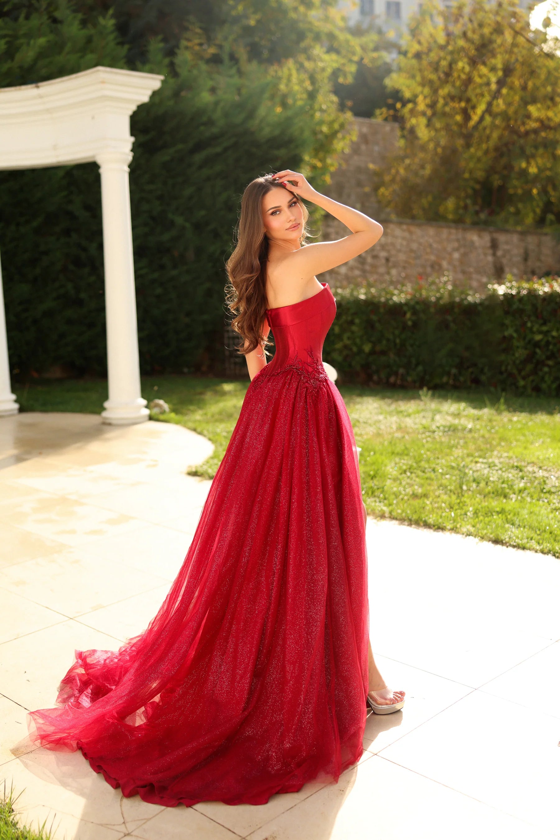 Glitter tulle ballgown strapless sleeveless open-back slit floor-length evening dresses